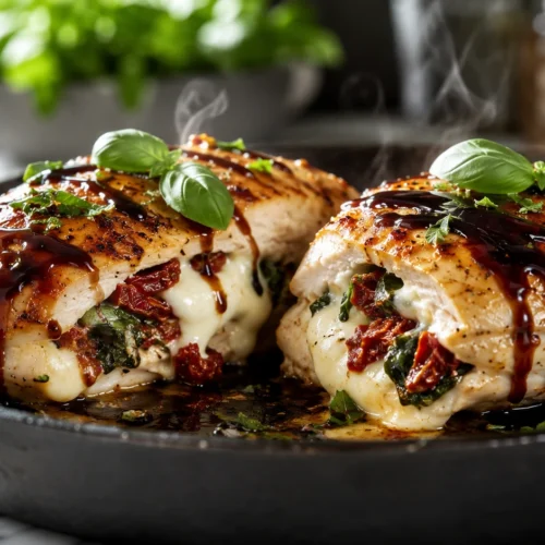 Close-up of sliced Caprese stuffed chicken breast with melted mozzarella and balsamic glaze in a skillet.