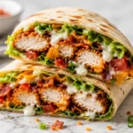 Close-up of a sliced Chicken Bacon Ranch Wrap showing layers of crispy chicken, bacon, lettuce, and creamy ranch dressing.