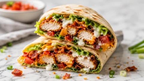 Close-up of a sliced Chicken Bacon Ranch Wrap showing layers of crispy chicken, bacon, lettuce, and creamy ranch dressing.