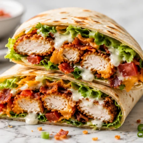 Close-up of a sliced Chicken Bacon Ranch Wrap showing layers of crispy chicken, bacon, lettuce, and creamy ranch dressing.