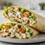 A close-up of a Chicken Caesar Wrap cut in half, revealing grilled chicken, Romaine lettuce, and creamy dressing inside a flour tortilla.