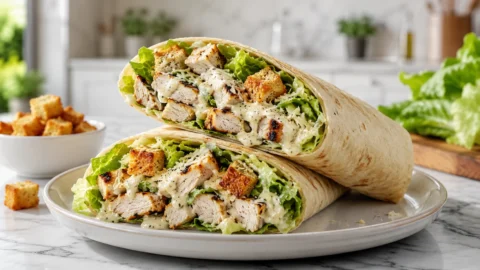 A close-up of a Chicken Caesar Wrap cut in half, revealing grilled chicken, Romaine lettuce, and creamy dressing inside a flour tortilla.