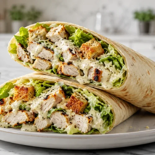 A close-up of a Chicken Caesar Wrap cut in half, revealing grilled chicken, Romaine lettuce, and creamy dressing inside a flour tortilla.