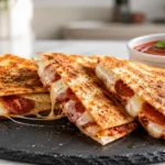 Close-up of a sliced pizza quesadilla with melted mozzarella cheese and pepperoni on a slate board with marinara dipping sauce.
