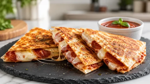 Close-up of a sliced pizza quesadilla with melted mozzarella cheese and pepperoni on a slate board with marinara dipping sauce.