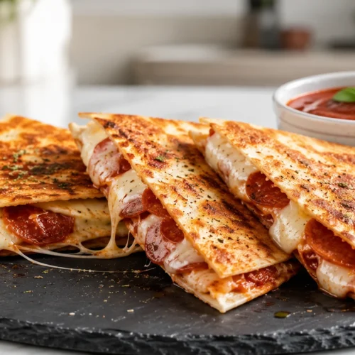 Close-up of a sliced pizza quesadilla with melted mozzarella cheese and pepperoni on a slate board with marinara dipping sauce.