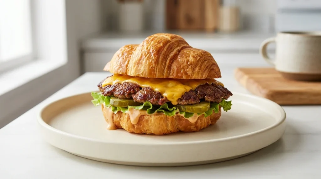 A close-up shot of a juicy smash burger with melted cheese served on a toasted, flaky croissant.