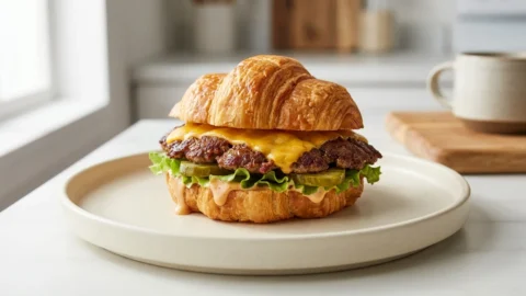 A close-up shot of a juicy smash burger with melted cheese served on a toasted, flaky croissant.