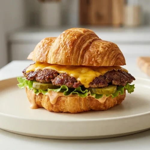 A close-up shot of a juicy smash burger with melted cheese served on a toasted, flaky croissant.