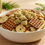 A close-up shot of seasoned Dill Pickle Chex Mix in a white bowl showing cereal, pretzels, and herbs.