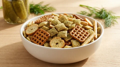 A close-up shot of seasoned Dill Pickle Chex Mix in a white bowl showing cereal, pretzels, and herbs.
