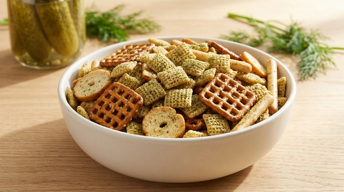 A close-up shot of seasoned Dill Pickle Chex Mix in a white bowl showing cereal, pretzels, and herbs.