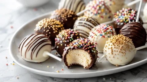A variety of chocolate-dipped frozen cheesecake pops on sticks, decorated with sprinkles and displayed on a white platter.