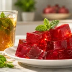 A plate of vibrant red healthy gelatin cubes garnished with mint, perfect for a weight loss diet.