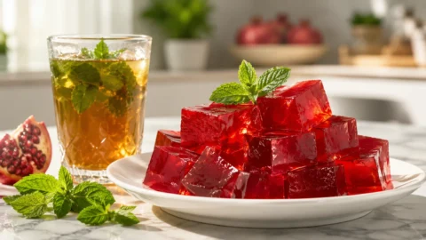 A plate of vibrant red healthy gelatin cubes garnished with mint, perfect for a weight loss diet.