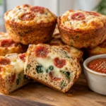 A stack of golden Pizza Lunch Muffins with visible pepperoni and cheese next to a bowl of marinara sauce.