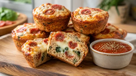 A stack of golden Pizza Lunch Muffins with visible pepperoni and cheese next to a bowl of marinara sauce.