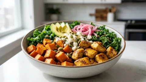 Sweet Potato And Chicken Bowls .A colorful grain bowl with roasted chicken, sweet potatoes, kale, avocado, and pickled onions on a white ceramic plate.