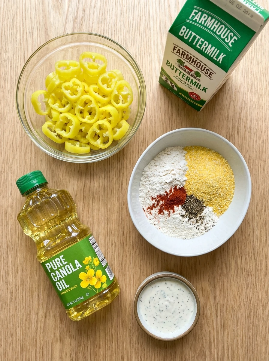 A flat-lay view of banana peppers, buttermilk, flour, cornmeal, and seasonings on a wooden background.