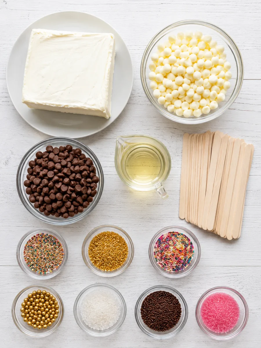 An overhead view of cheesecake, chocolate chips, wooden sticks, and colorful sprinkles arranged on a white wood surface.