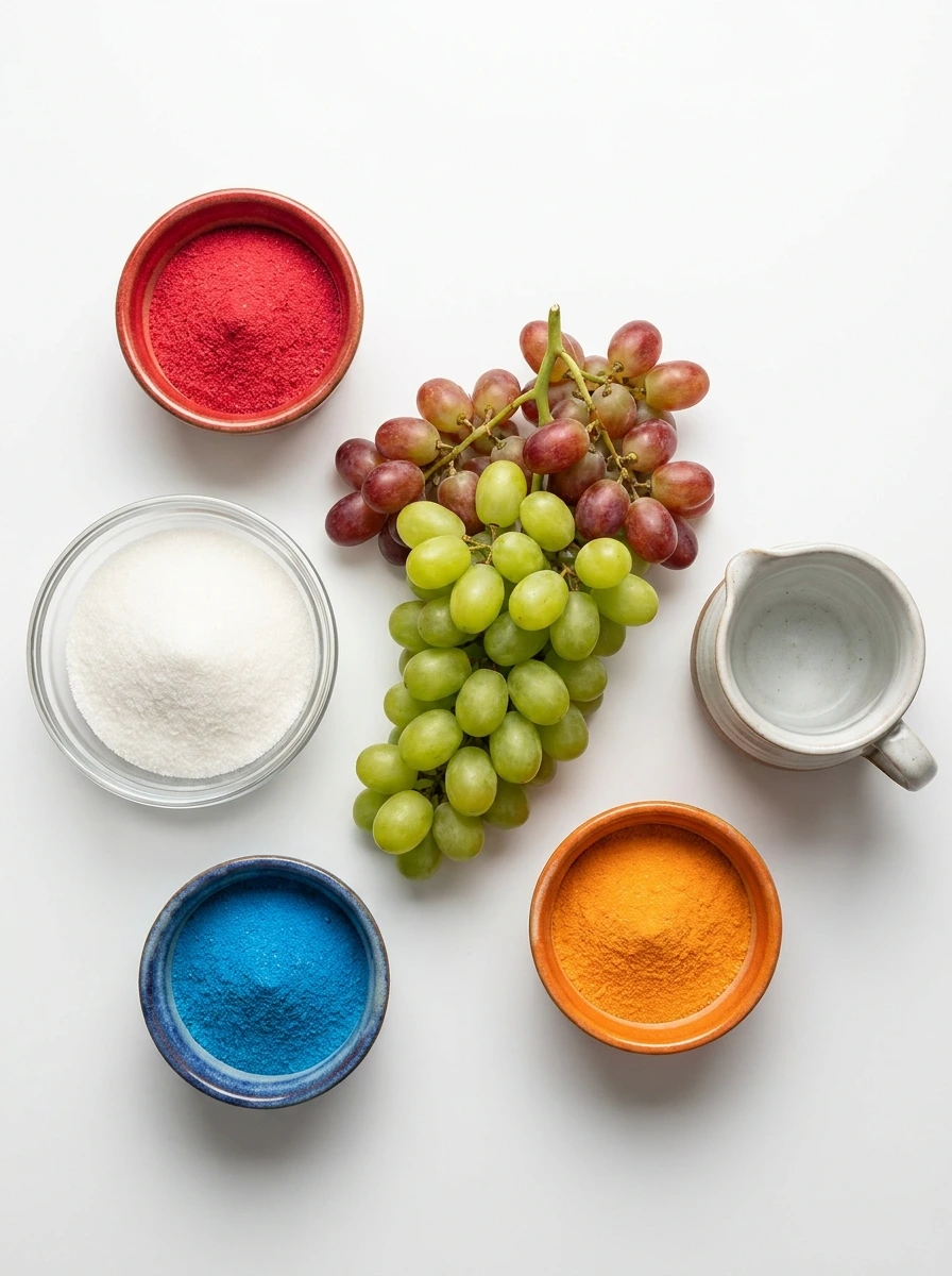 A flat-lay arrangement of fresh grapes, sugar, and colorful Kool-Aid powder packets on a white surface.