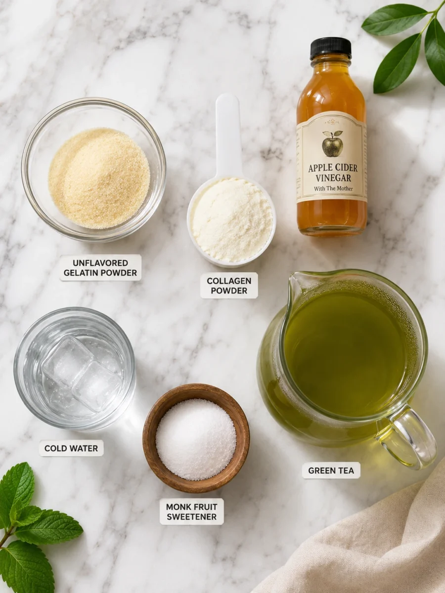 Overhead view of ingredients including unflavored gelatin recipe, collagen powder, green tea, and monk fruit sweetener.