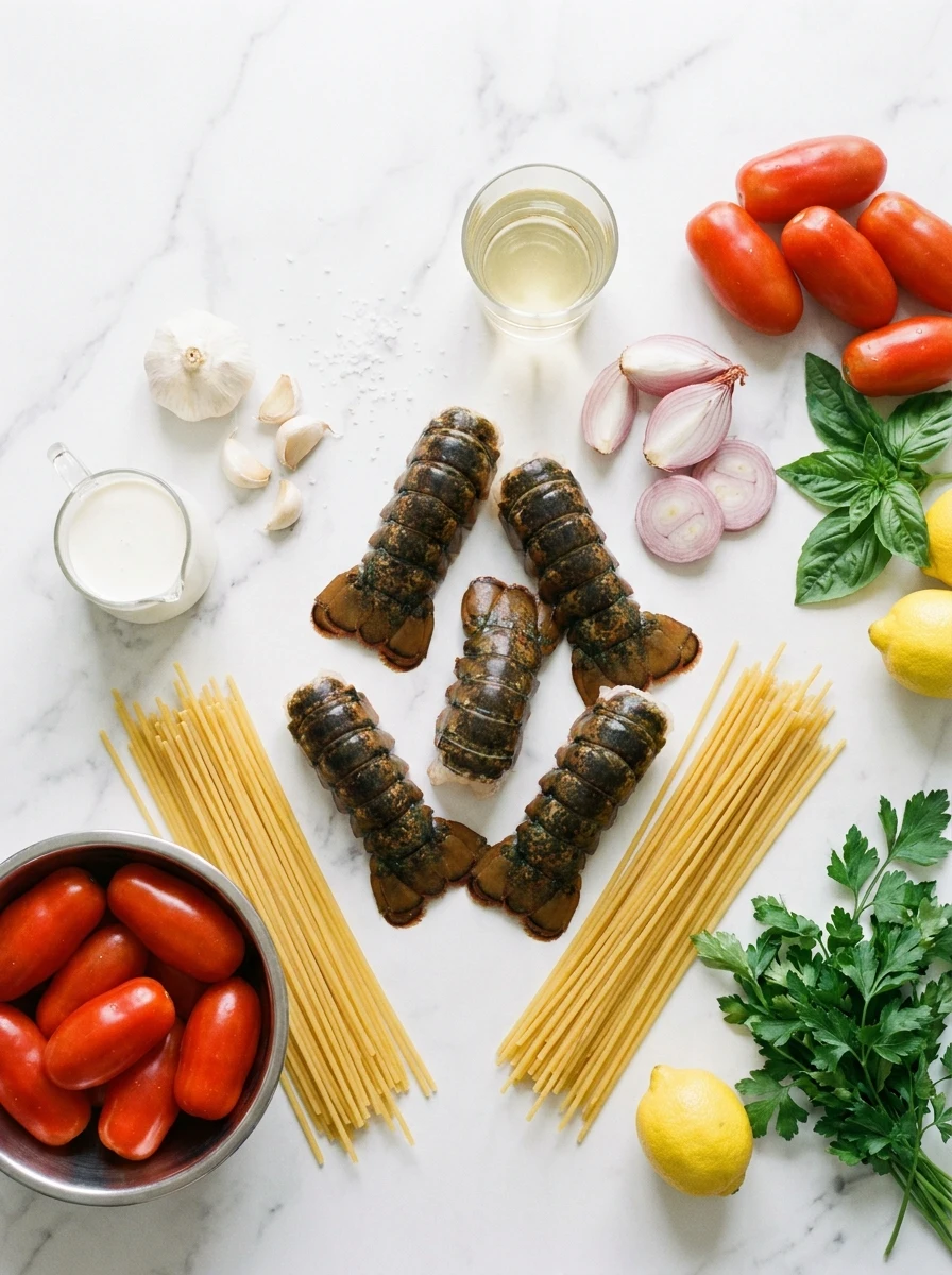 Top-down view of lobster tails, bucatini pasta, tomatoes, cream, and fresh herbs arranged on a white marble surface.