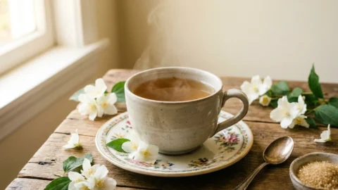 A cup of jasmine tea on a wooden table with jasmine flowers and tea leaves