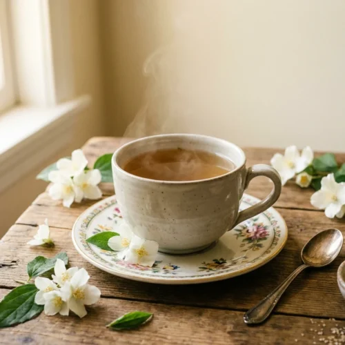 A cup of jasmine tea on a wooden table with jasmine flowers and tea leaves