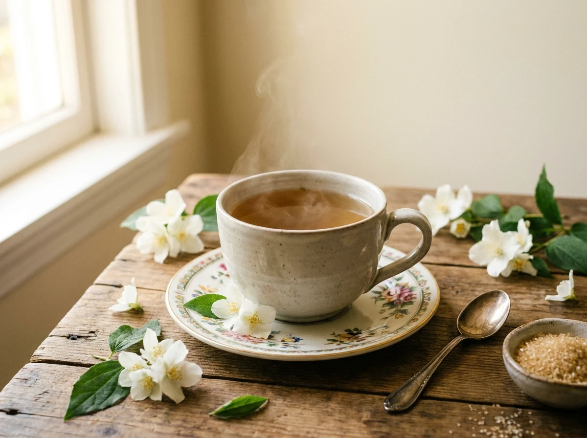 A cup of jasmine tea on a wooden table with jasmine flowers and tea leaves
