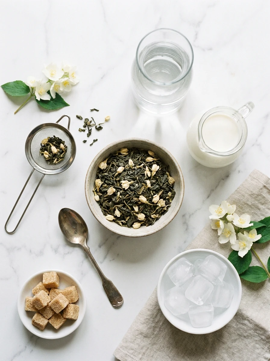 A flat-lay arrangement of jasmine tea ingredients