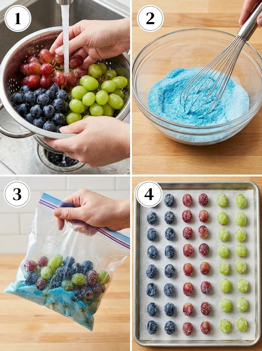 A 4-step grid collage showing the process of making Kool-Aid grapes: washing, mixing, coating, and freezing.