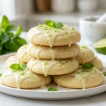 A stack of soft Mojito Sugar Cookies with lime glaze, fresh lime zest, and mint leaves on a white plate.
