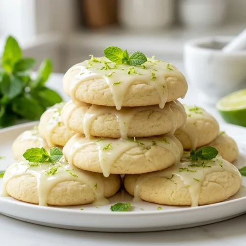 A stack of soft Mojito Sugar Cookies with lime glaze, fresh lime zest, and mint leaves on a white plate.