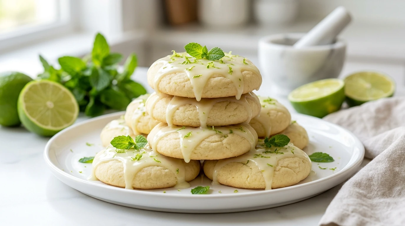 A stack of soft Mojito Sugar Cookies with lime glaze, fresh lime zest, and mint leaves on a white plate.