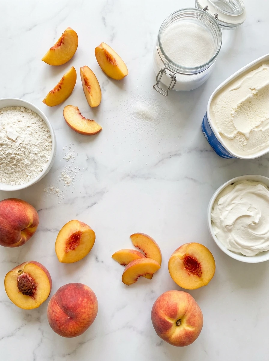 Ingredients for peach cobbler recipe, including peaches, flour, sugar, and ice cream