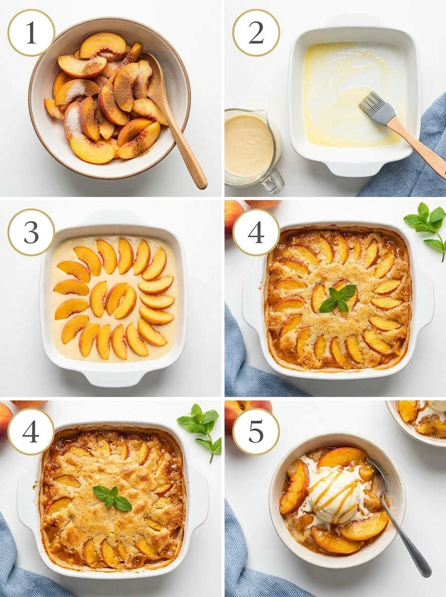 Collage of key steps in peach cobbler recipe, including preheating oven, mixing peaches with sugar, preparing crust, assembling cobbler, and baking until golden brown