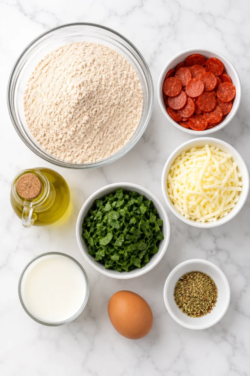 An organized overhead view of flour, cheese, pepperoni, spinach, milk, egg, and spices on a white surface.Pizza Lunch Muffins