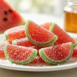 A close-up shot of sugar-coated watermelon-shaped gummies piled on a white plate with fresh watermelon in the background.