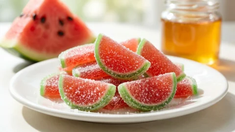 A close-up shot of sugar-coated watermelon-shaped gummies piled on a white plate with fresh watermelon in the background.