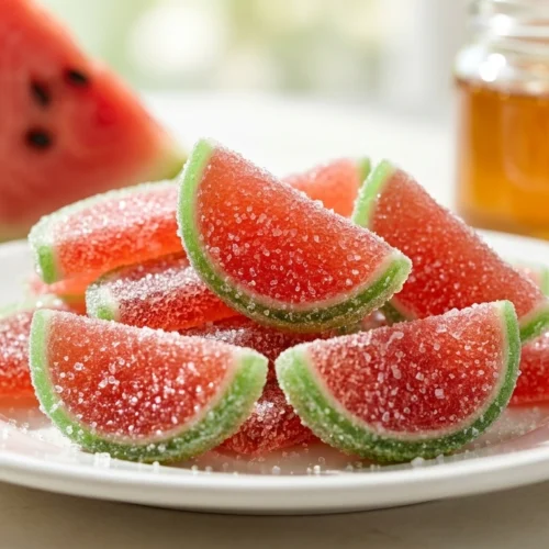 A close-up shot of sugar-coated watermelon-shaped gummies piled on a white plate with fresh watermelon in the background.