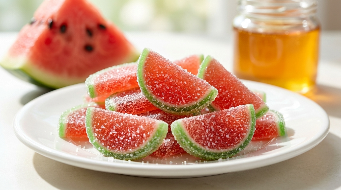 A close-up shot of sugar-coated watermelon-shaped gummies piled on a white plate with fresh watermelon in the background.