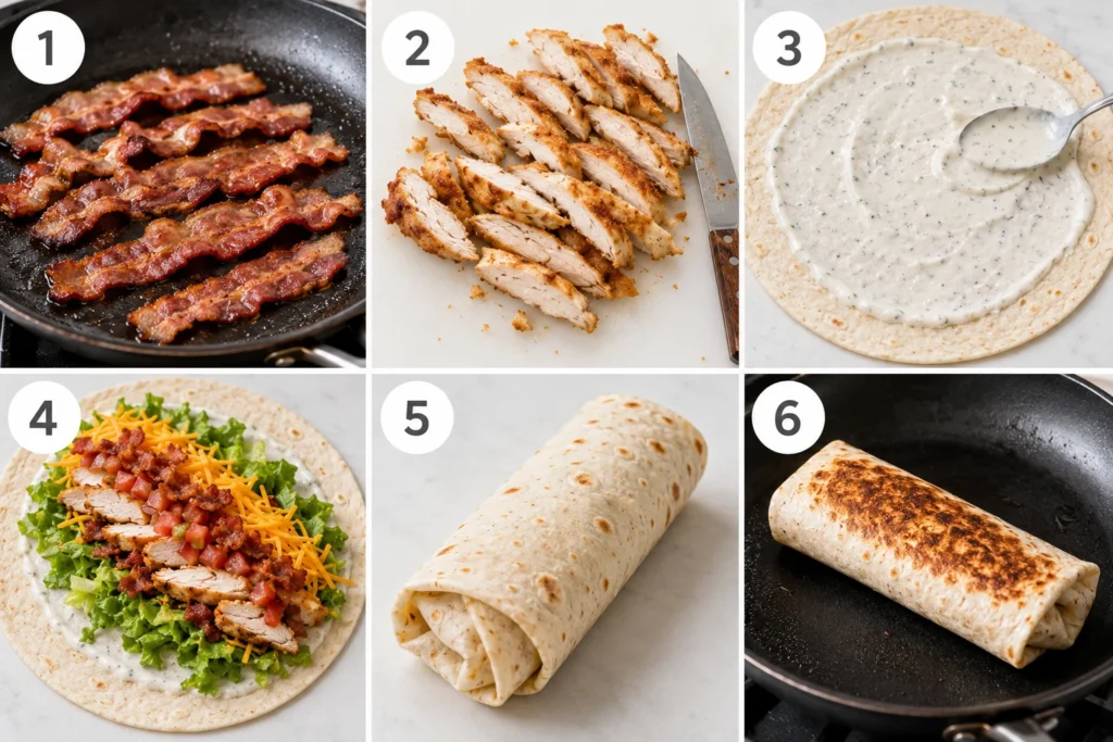 A 6-panel grid showing the step-by-step process of making a chicken bacon ranch wrap, numbered 1 to 6.