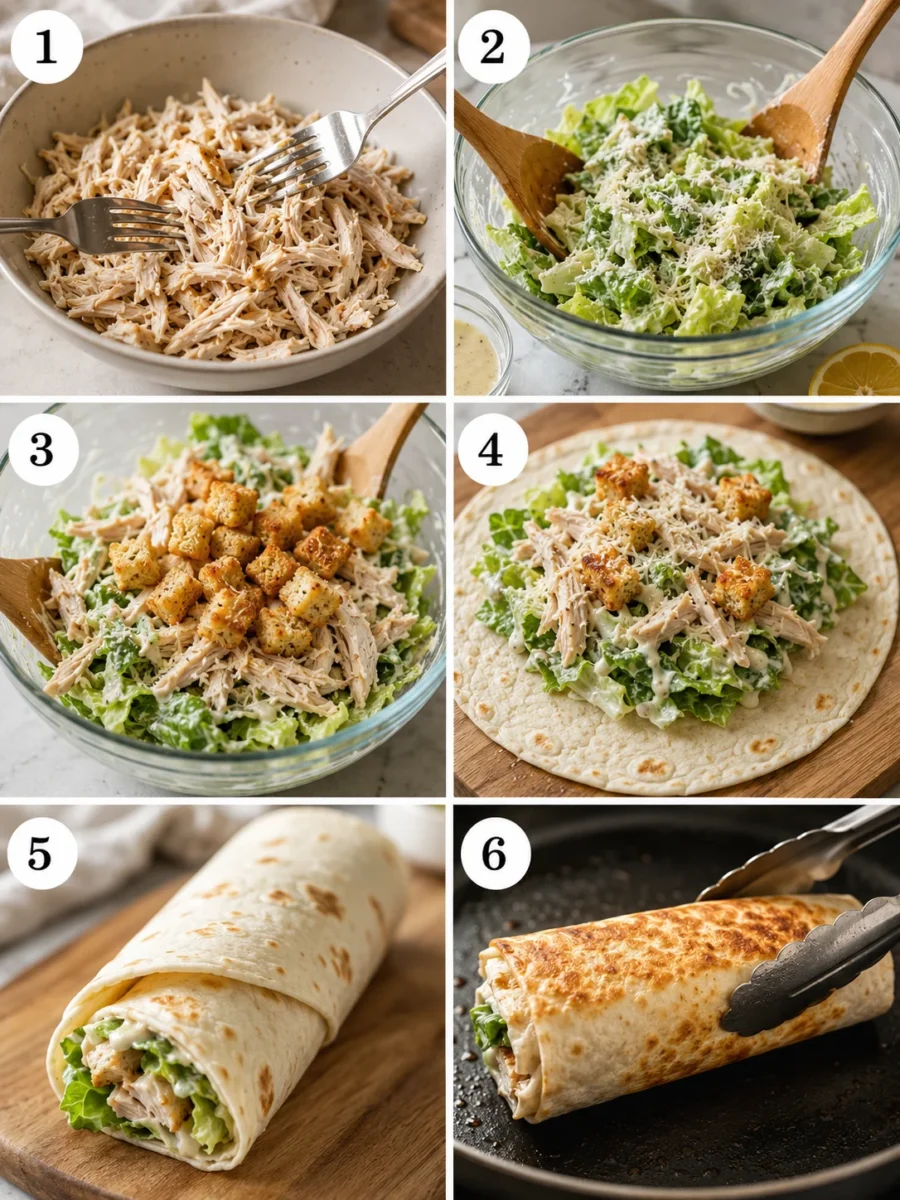 A grid showing six steps of making a Chicken Caesar Wrap, from prepping chicken to pan-searing.