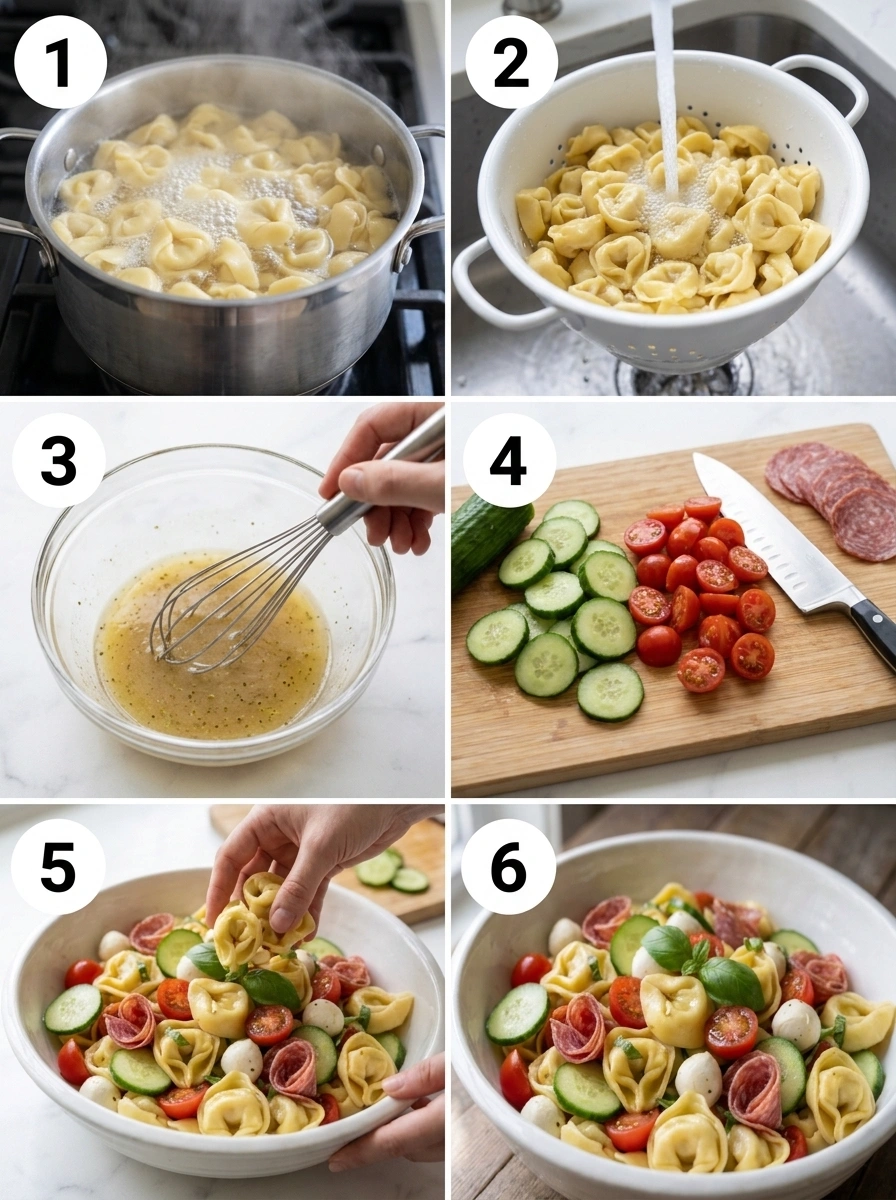 A six-panel collage showing the steps to make tortellini pasta salad, from boiling pasta to final tossing.