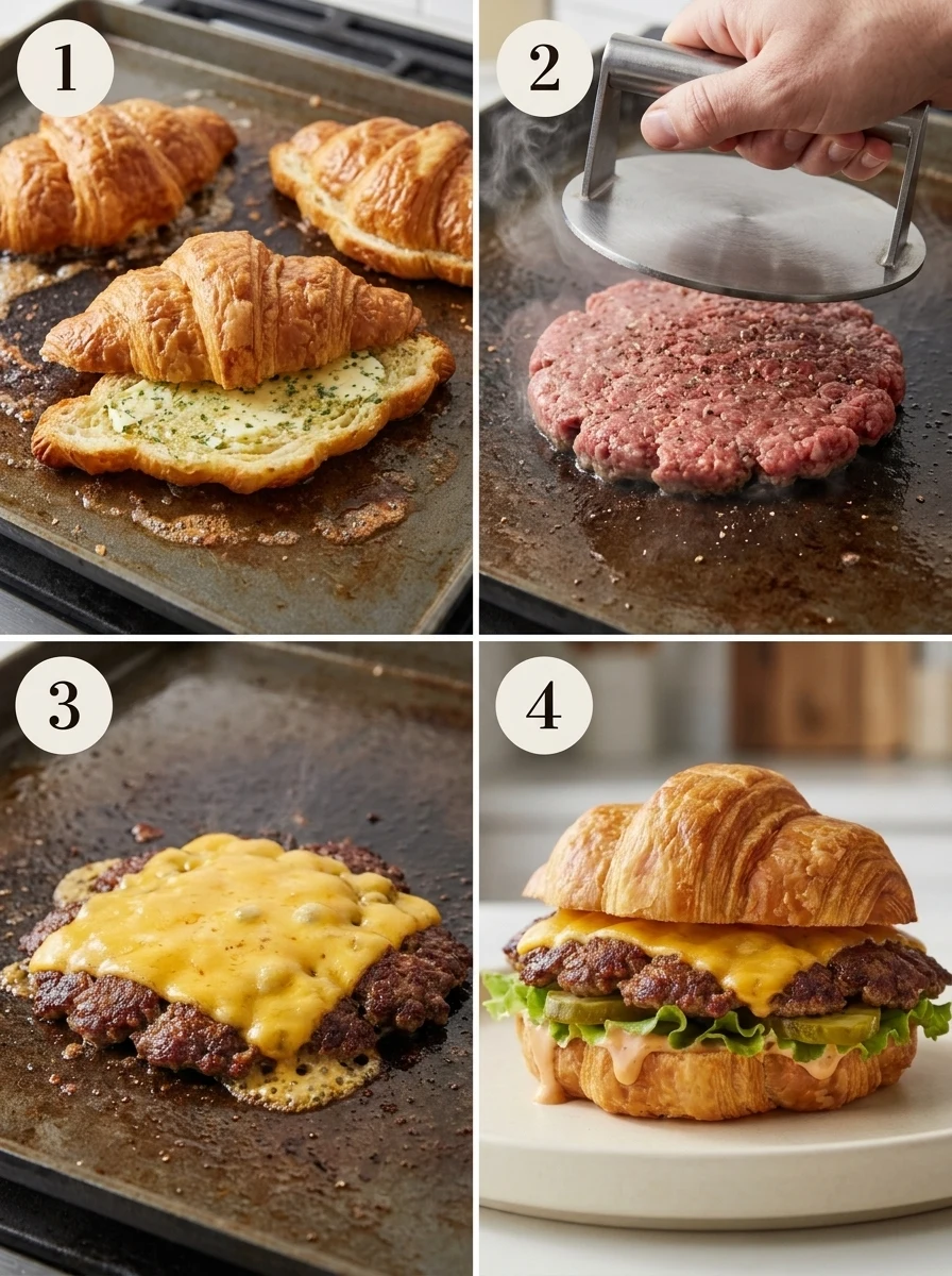 A four-panel sequence showing the toasting, smashing, searing, and assembly of a croissant burger, labeled 1 through 4.