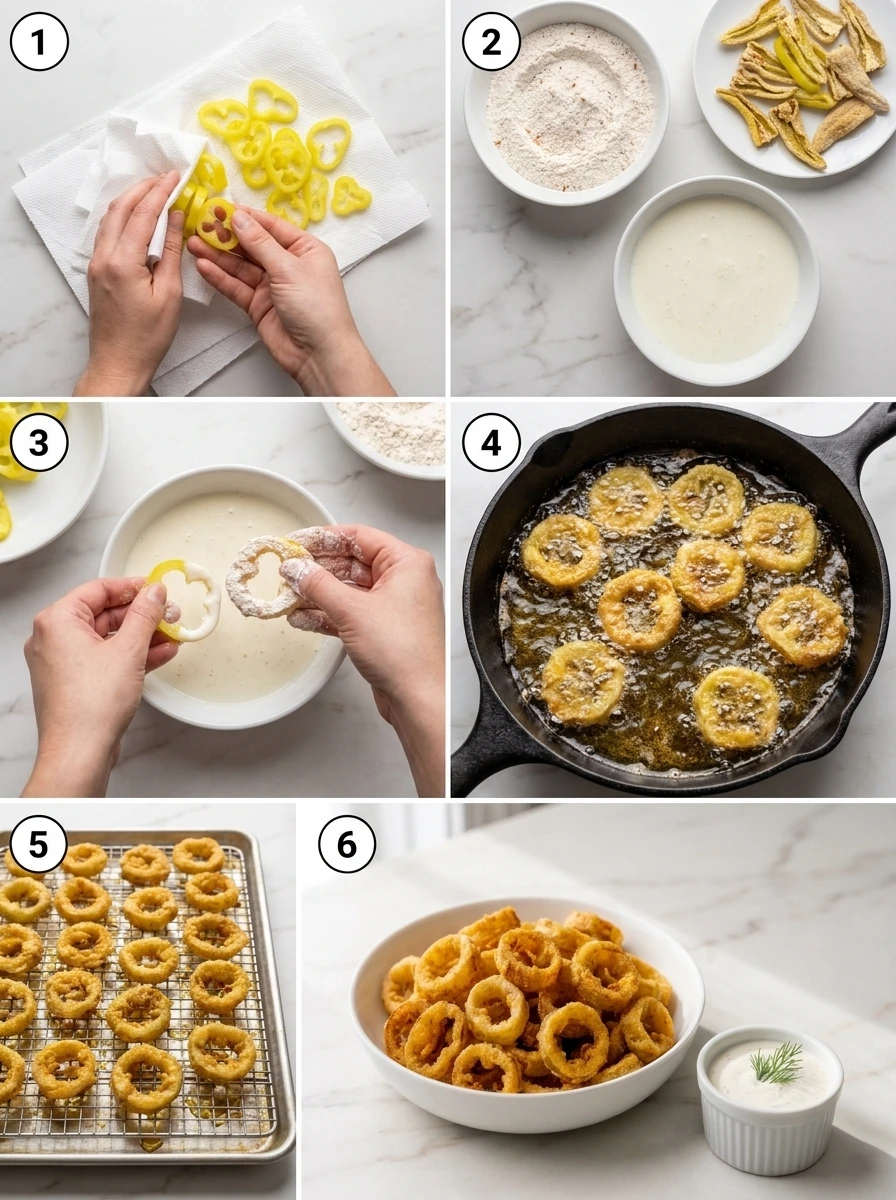 A six-panel grid showing the step-by-step process of making fried banana peppers, from drying to serving.