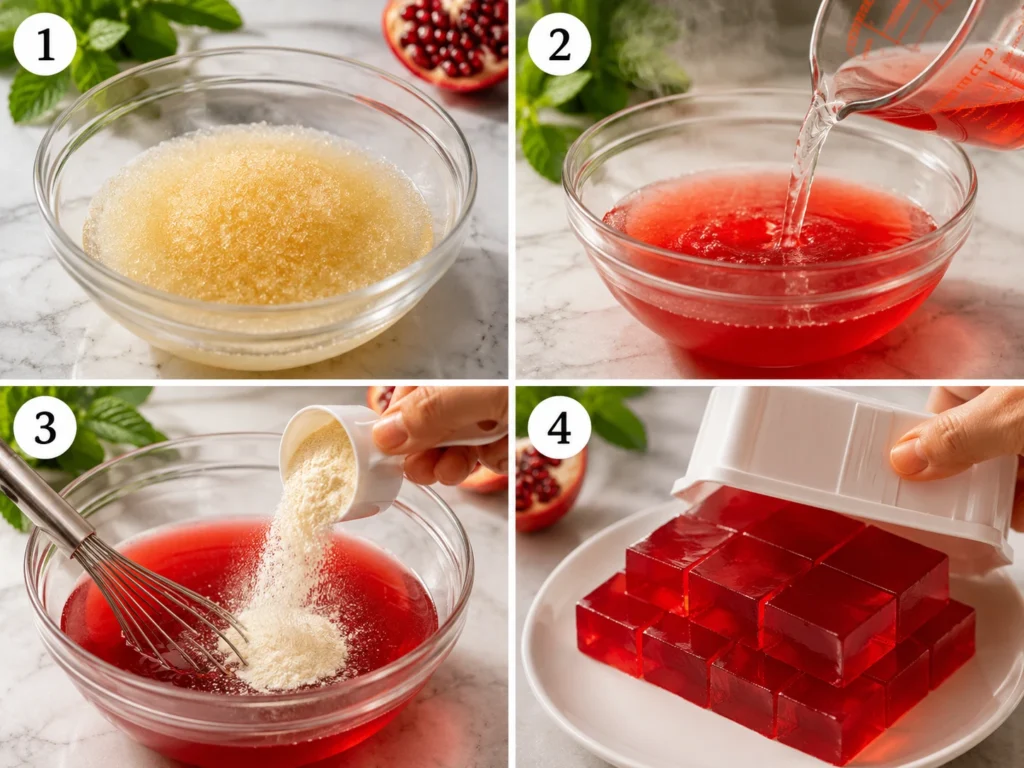 A four-step grid showing the process of making healthy gelatin from blooming to the finished product.