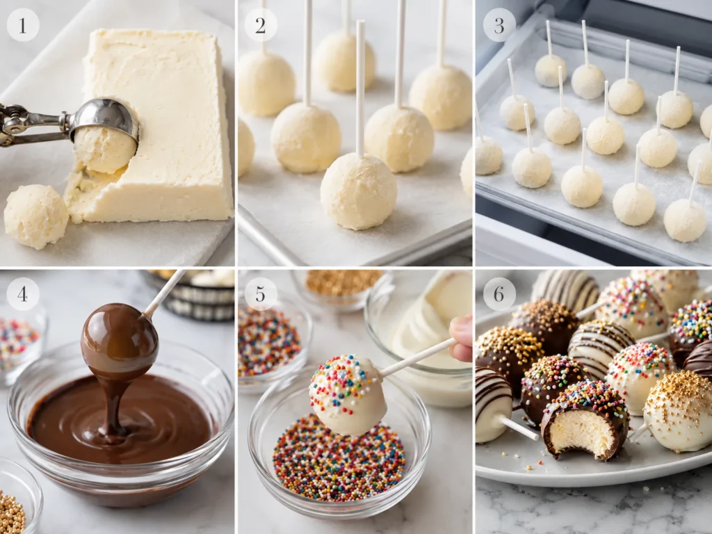 A six-panel collage showing the sequence of making cheesecake pops from scooping to final decorating.