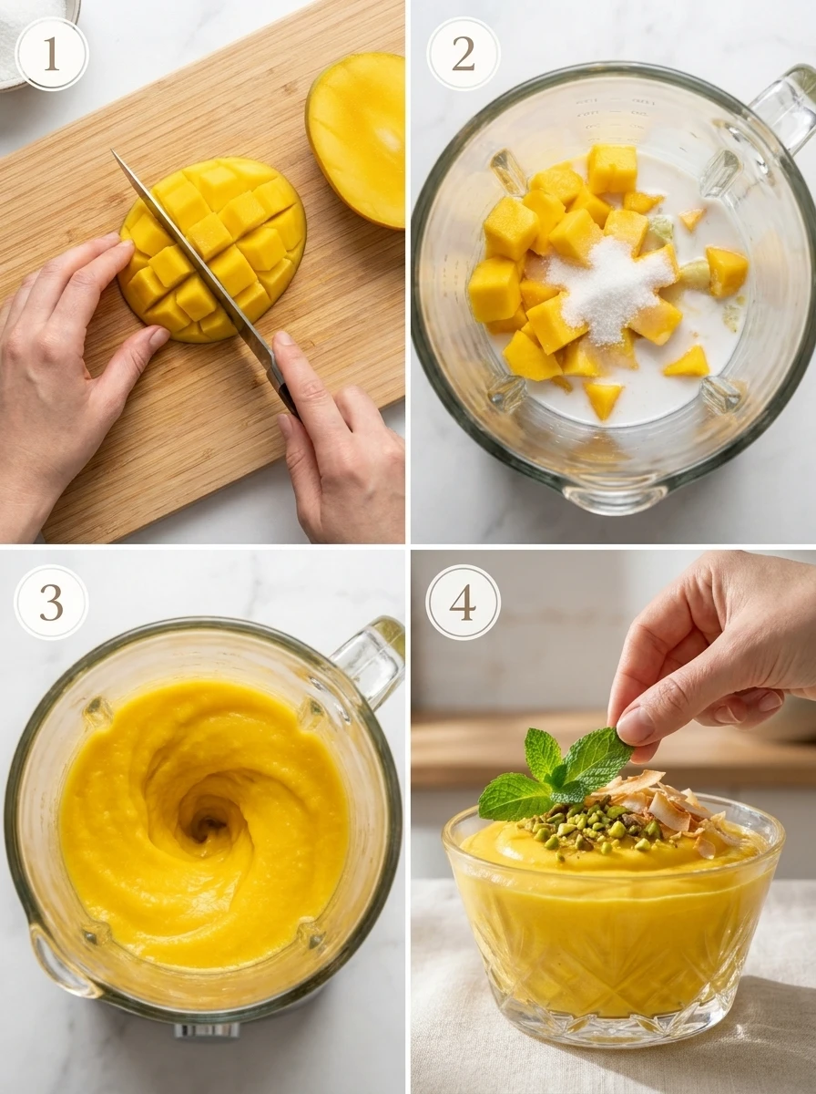 Creamy Mango Cottage Cheese Mousse ,A 4-step collage showing mango dicing, blending ingredients, the smooth texture, and final garnishing.